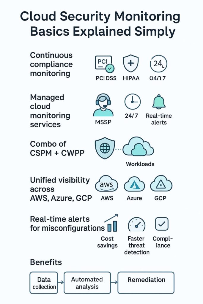Infographic illustrating Cloud Security Monitoring Basics, covering compliance, monitoring services, and real-time alerts.