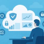 A man sitting at a desk, surrounded by cloud-based security and compliance monitoring icons, representing the importance of cloud security compliance monitoring.