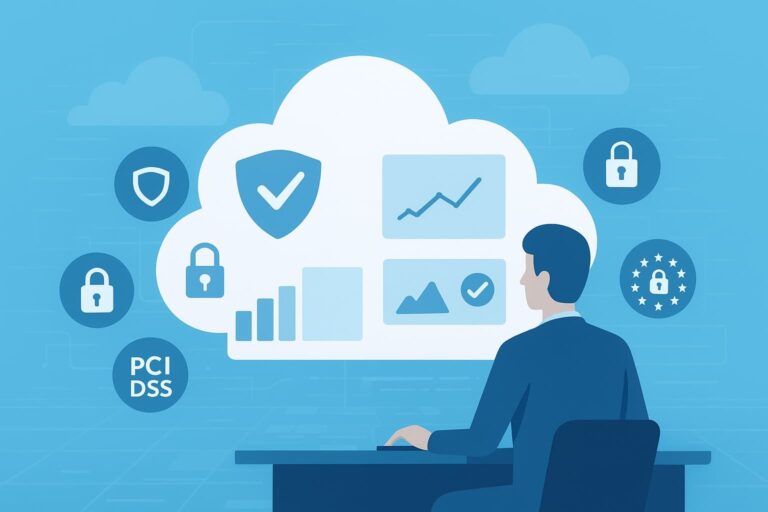 A man sitting at a desk, surrounded by cloud-based security and compliance monitoring icons, representing the importance of cloud security compliance monitoring.