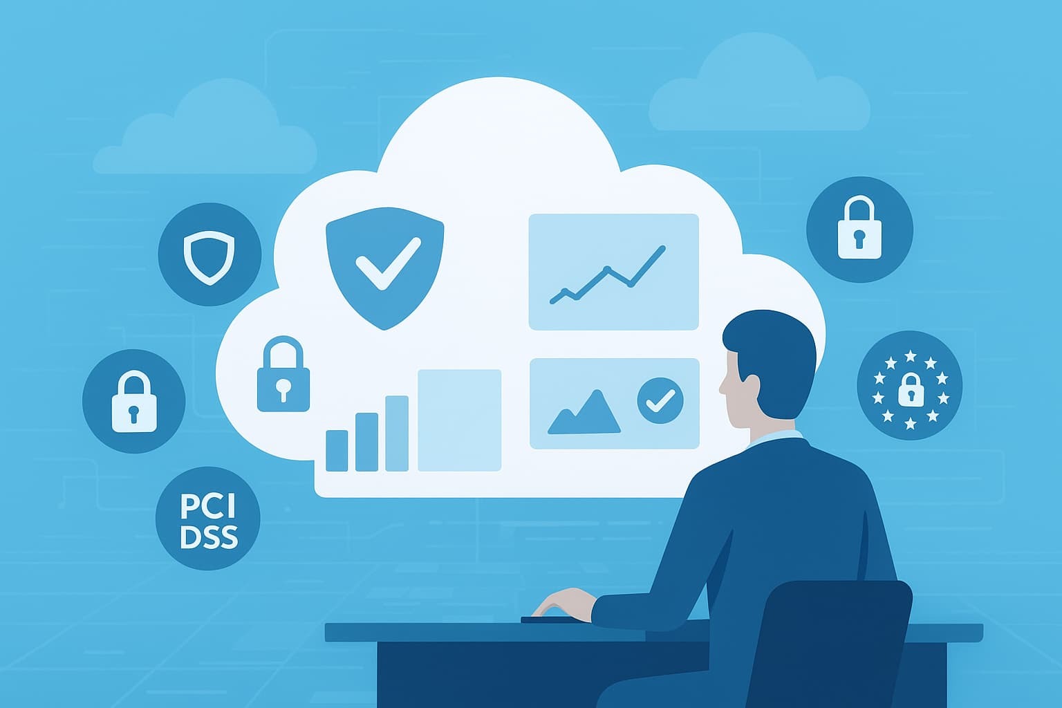 A man sitting at a desk, surrounded by cloud-based security and compliance monitoring icons, representing the importance of cloud security compliance monitoring.
