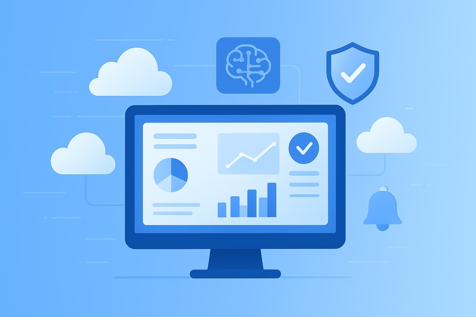 Illustration of a computer screen displaying graphs and icons, representing managed cloud security monitoring.