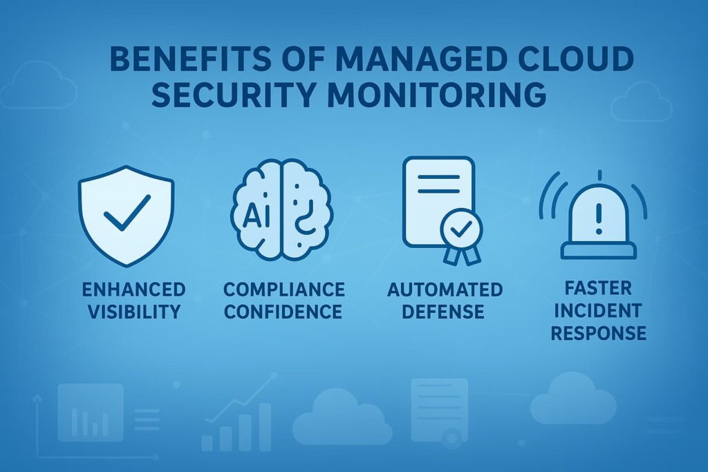 Graphic illustrating benefits of managed cloud security monitoring: enhanced visibility, compliance confidence, automated defense, and faster incident response.