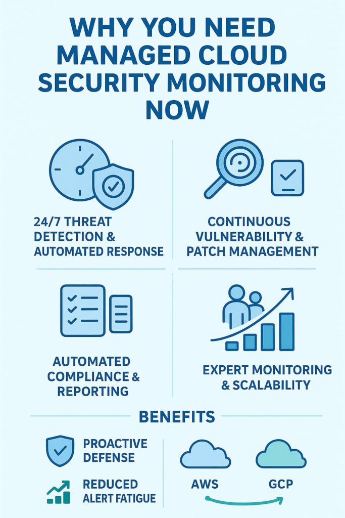 Infographic highlighting benefits of managed cloud security monitoring: threat detection, compliance, and expert support.