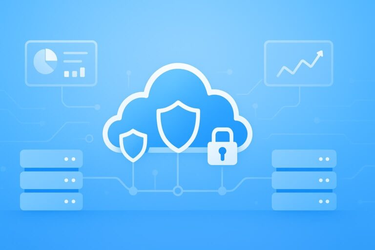 Illustration of cloud workload protection platform (CWPP) management with shields and padlock over servers and graphs.