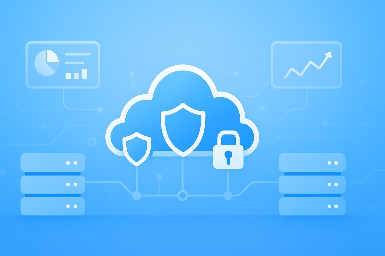 Illustration of cloud workload protection platform (CWPP) management with shields and padlock over servers and graphs.