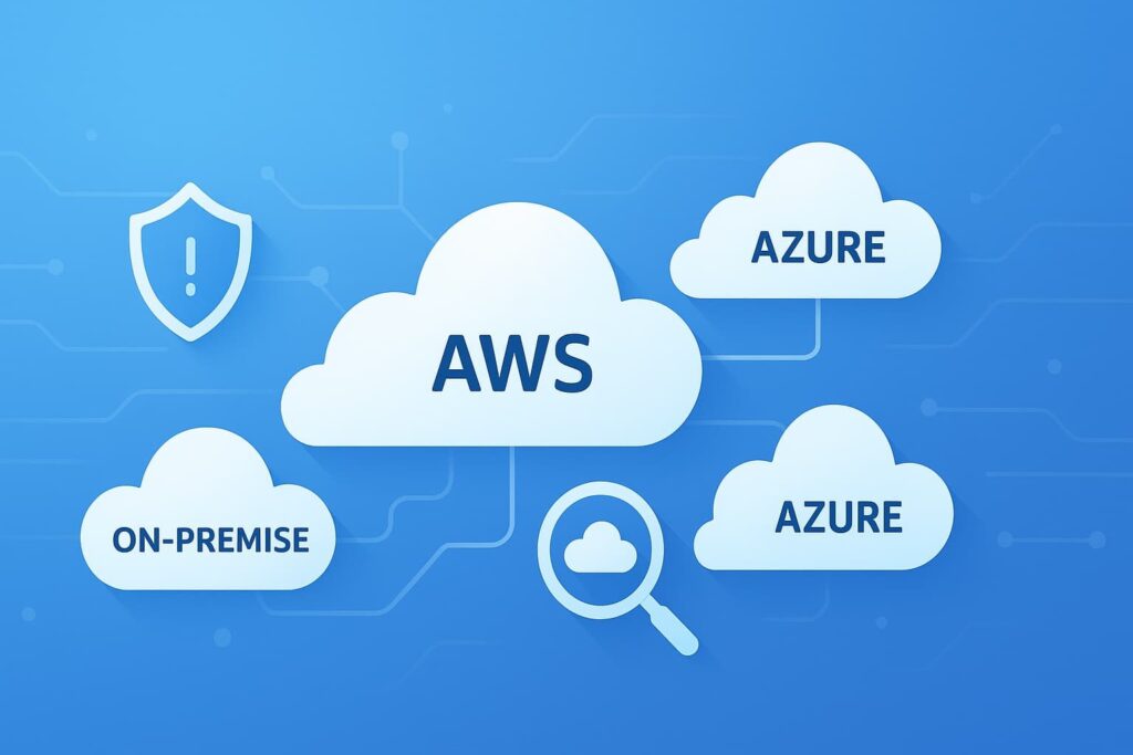  Illustration of cloud workload protection platform (CWPP) management with AWS and Azure cloud icons on a blue background.