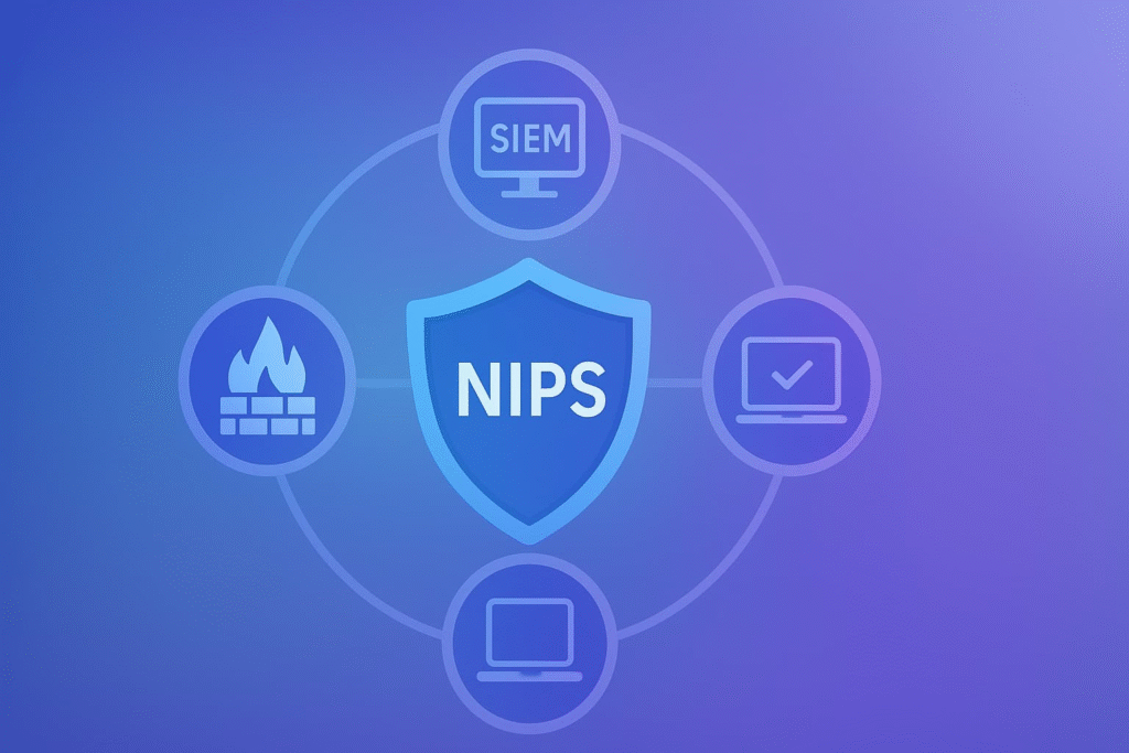 An illustration showcasing the key elements of a comprehensive network security framework, such as security information and event management (SIEM), network intrusion prevention systems (NIPS), and system verification.