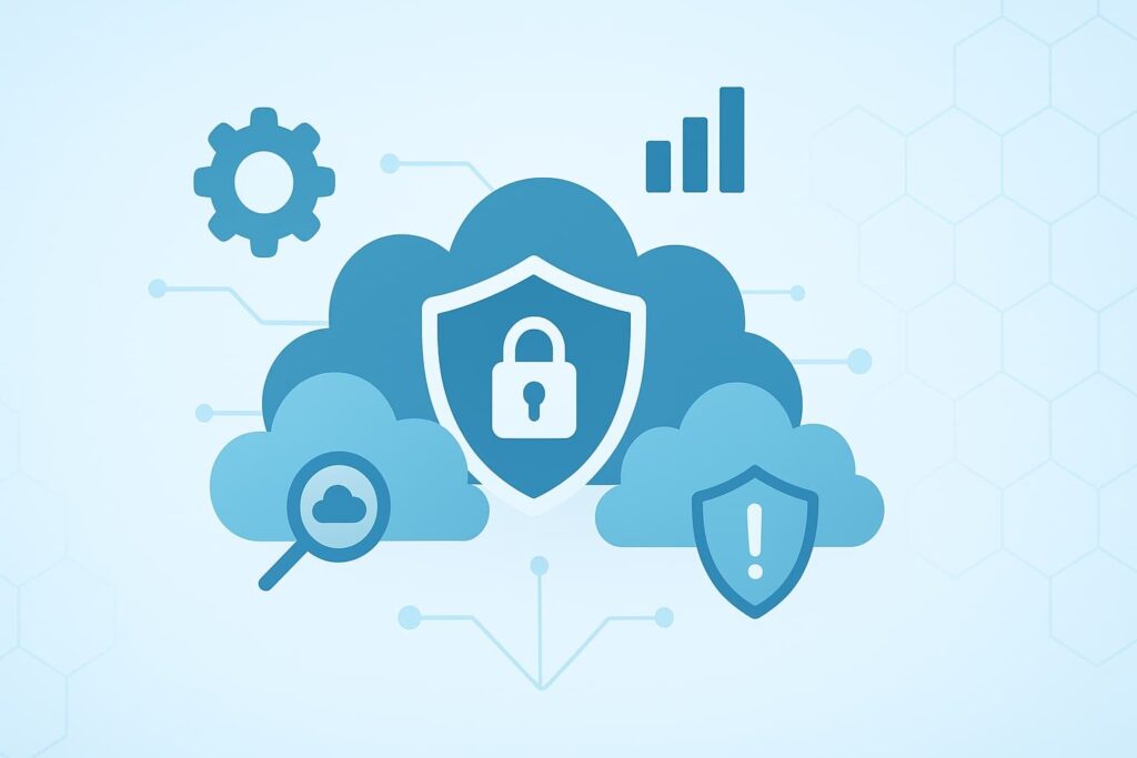  Illustration of a cloud workload protection platform (CWPP) management with security shields and cloud icons.