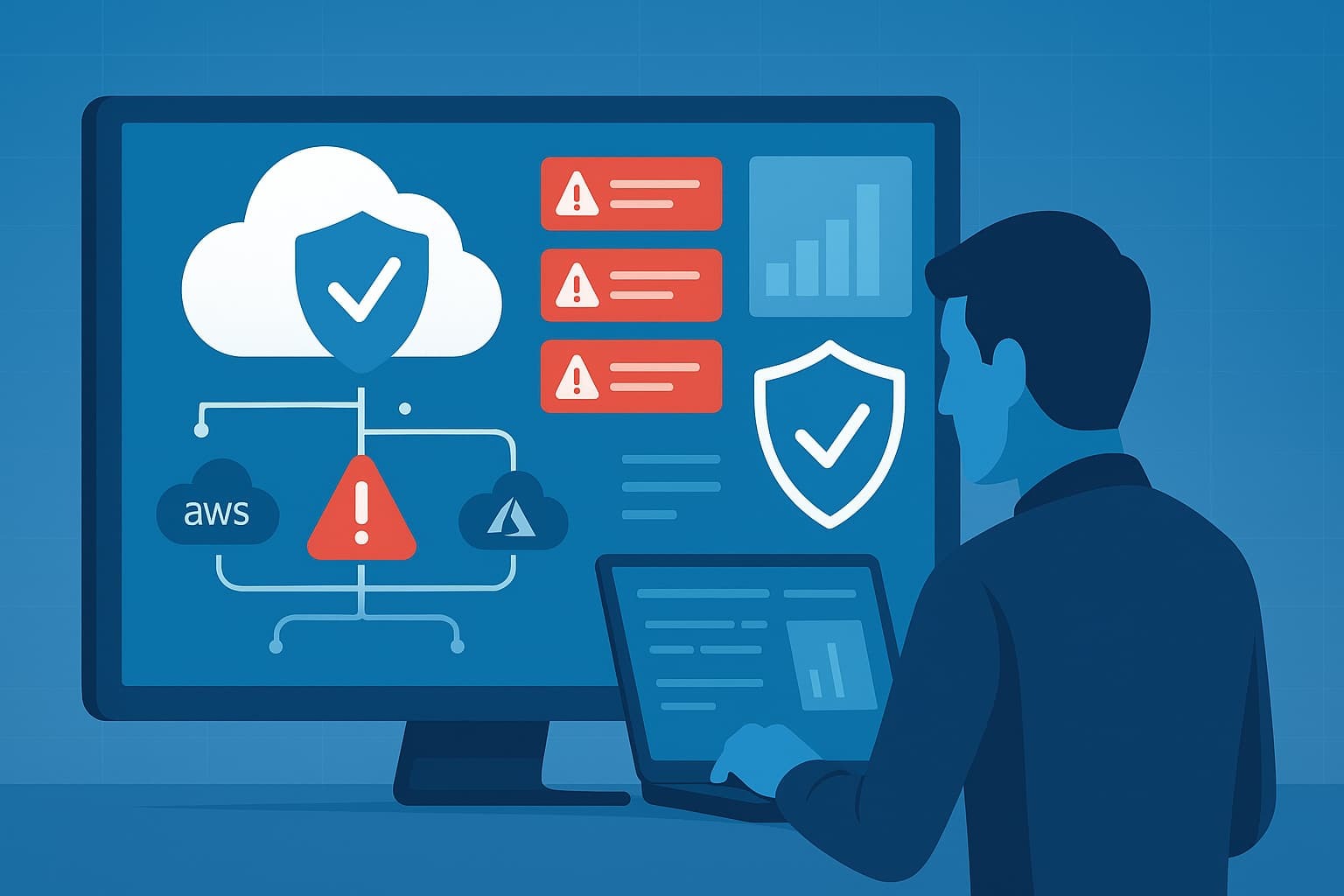 A person monitors a screen displaying alerts for detecting cloud misconfigurations, emphasizing security and compliance.
