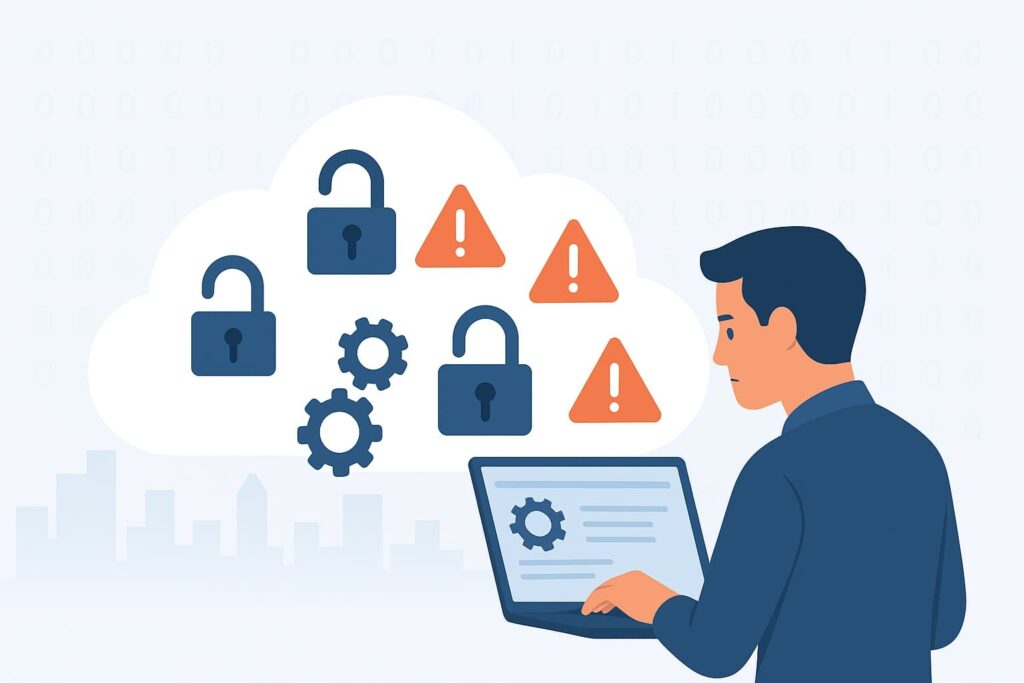 A person reviews a cloud system displaying detecting cloud misconfigurations alerts and security icons.