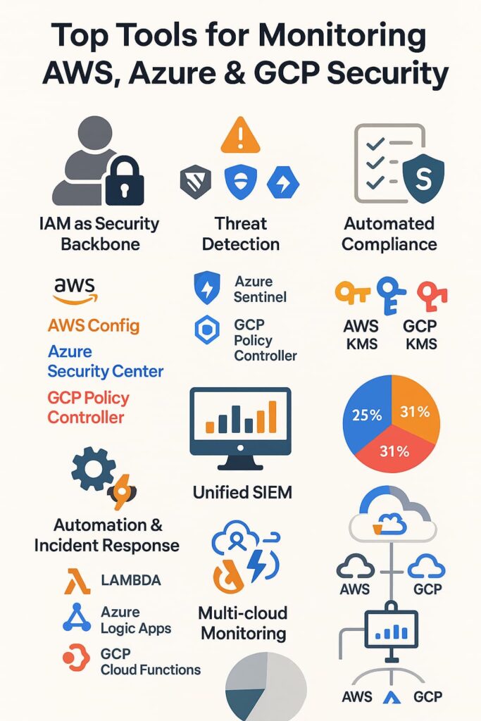 Comprehensive tools and services for monitoring and managing security across AWS, Azure, and GCP cloud platforms.