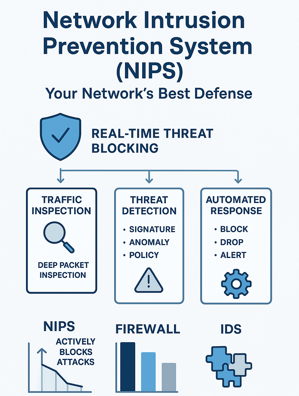 An infographic illustrating the key components of a NIPS, including real-time threat blocking, traffic inspection, threat detection, and automated response.