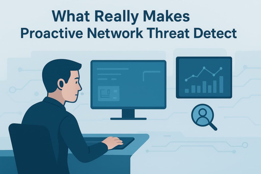 A man monitoring computer screens displaying security analytics and threat detection data - Proactive Network Threat Detection.