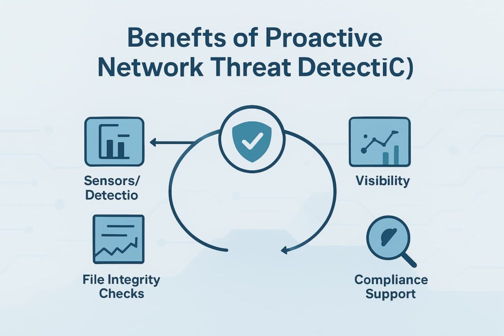 Infographic highlighting the benefits of proactive network threat detection, including sensors/detection, visibility, file integrity checks, and compliance support.