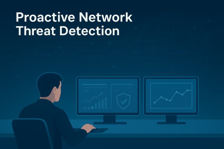 A man in a suit sitting at a desk, monitoring computer screens displaying charts, graphs, and security alerts - Proactive Network Threat Detection.