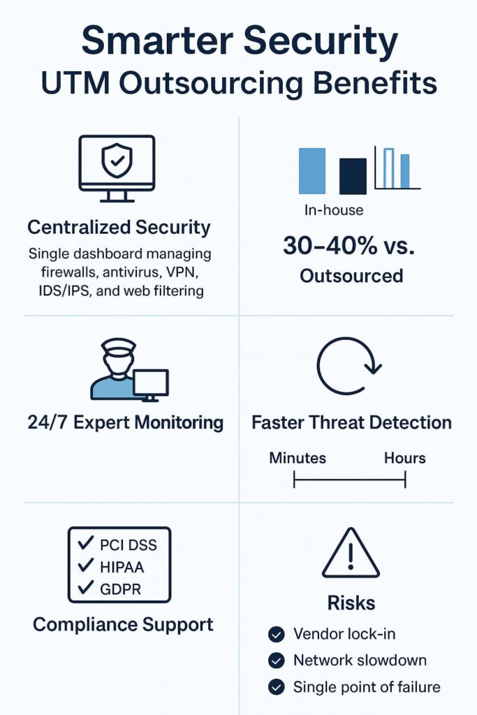 Infographic showing benefits and risks of unified threat management (UTM) outsourcing for smarter security.