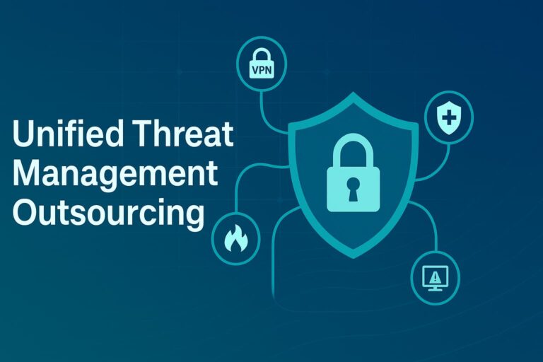 Graphic of shield with lock and icons representing VPN, firewall, and monitoring for unified threat management (UTM) outsourcing.