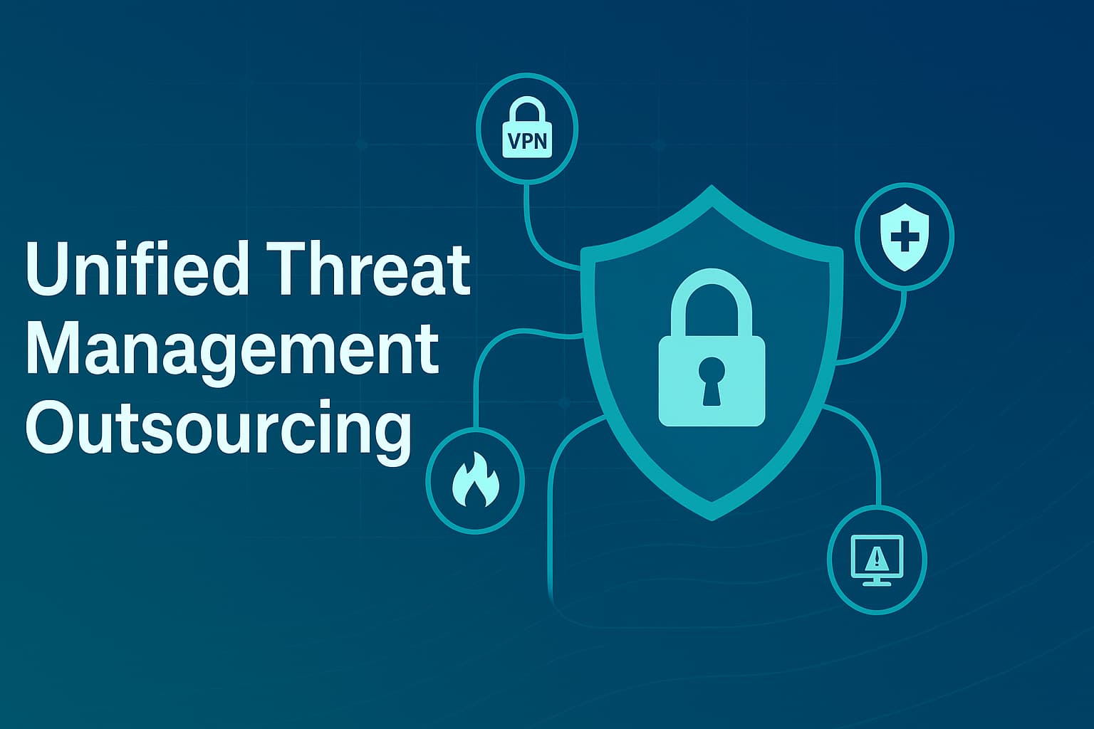 Graphic of shield with lock and icons representing VPN, firewall, and monitoring for unified threat management (UTM) outsourcing.