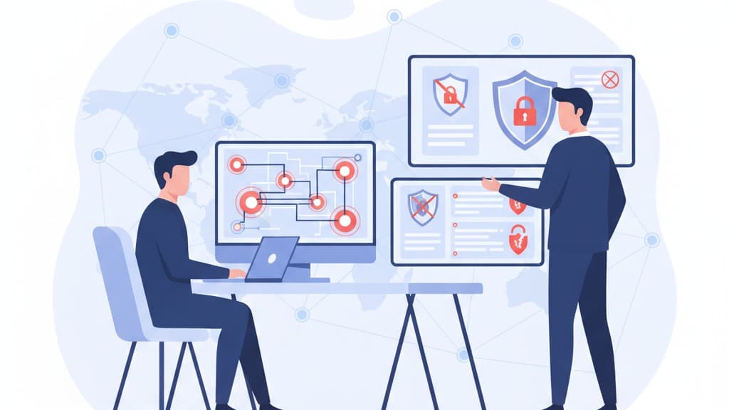  Illustration of professionals working with technology, showcasing advanced & specialized services in cybersecurity.