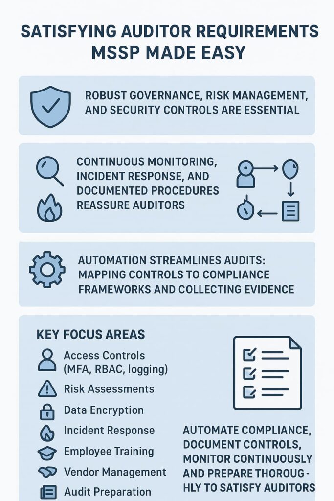 Infographic showing satisfying auditor requirements MSSP with key audit focus areas, top MSSP actions, and automated audit prep.