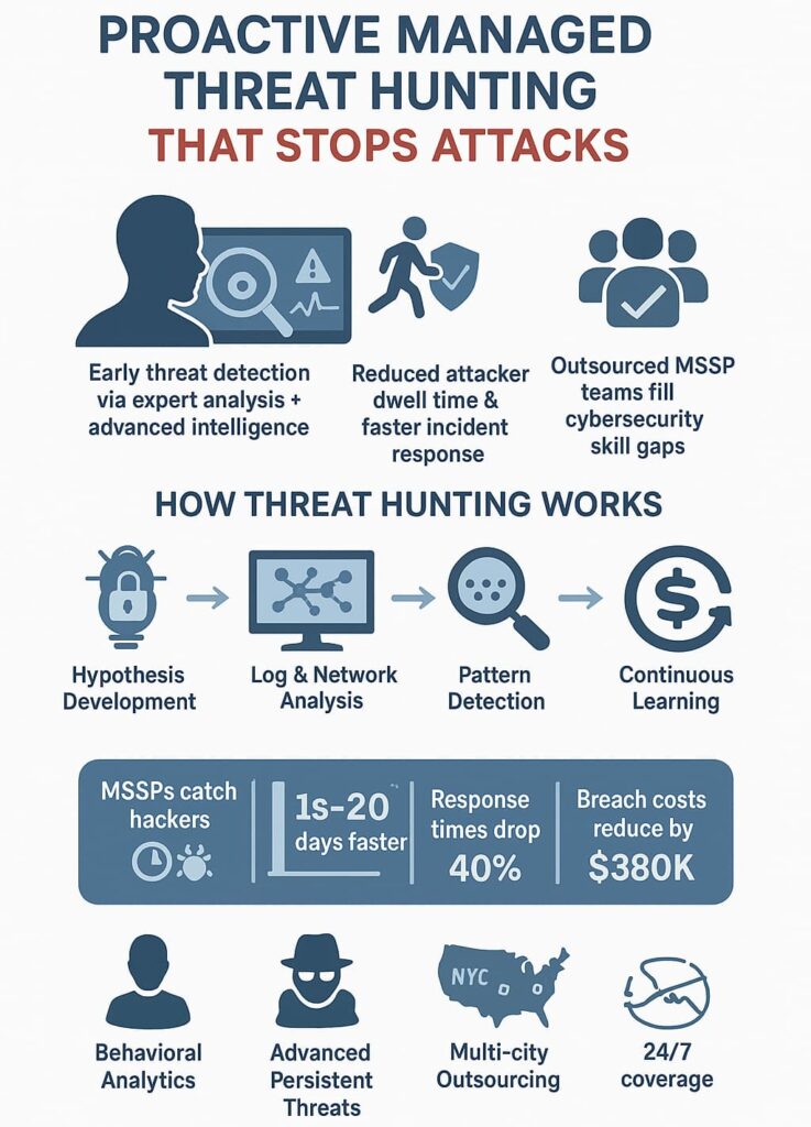 Infographic highlighting the benefits of Proactive Managed Threat Hunting, including faster threat detection, reduced dwell time, and lower breach costs compared to traditional reactive monitoring.