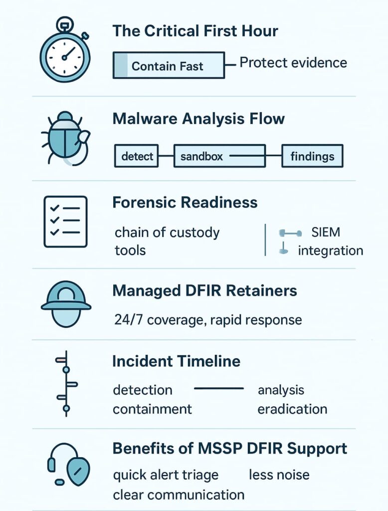 Infographic on Digital Forensics Incident Response (DFIR) covering incident management, readiness, and support benefits.

