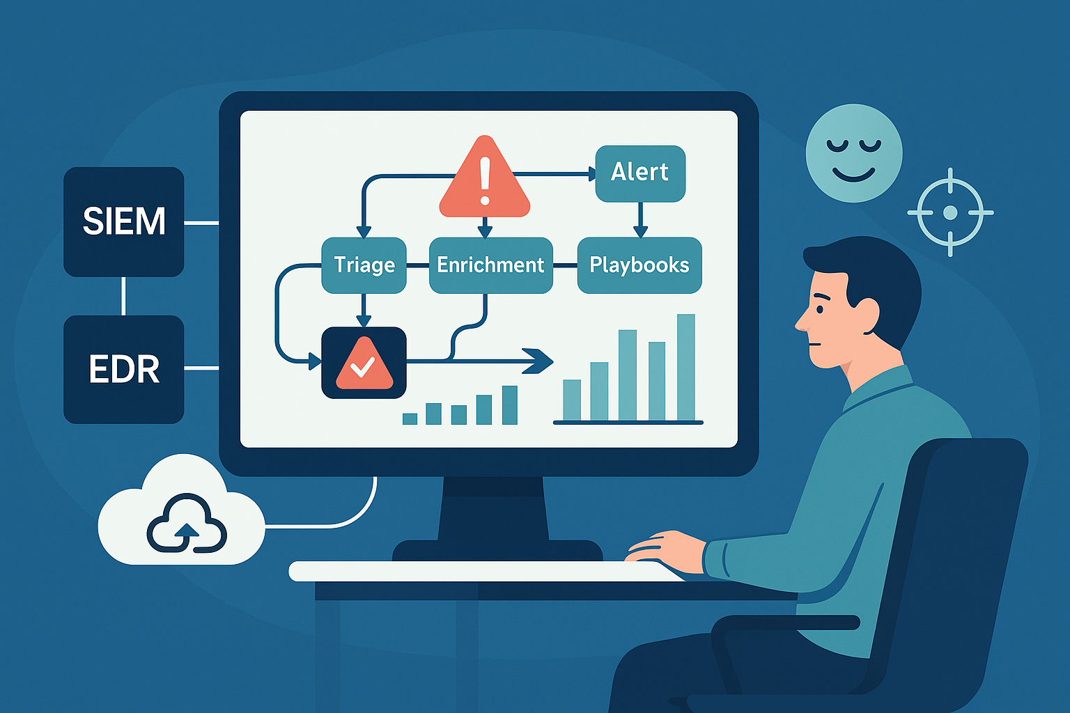 Managed SOAR platform benefits that boost your SOC: analyst monitoring automated workflow with SIEM, EDR, and playbooks.