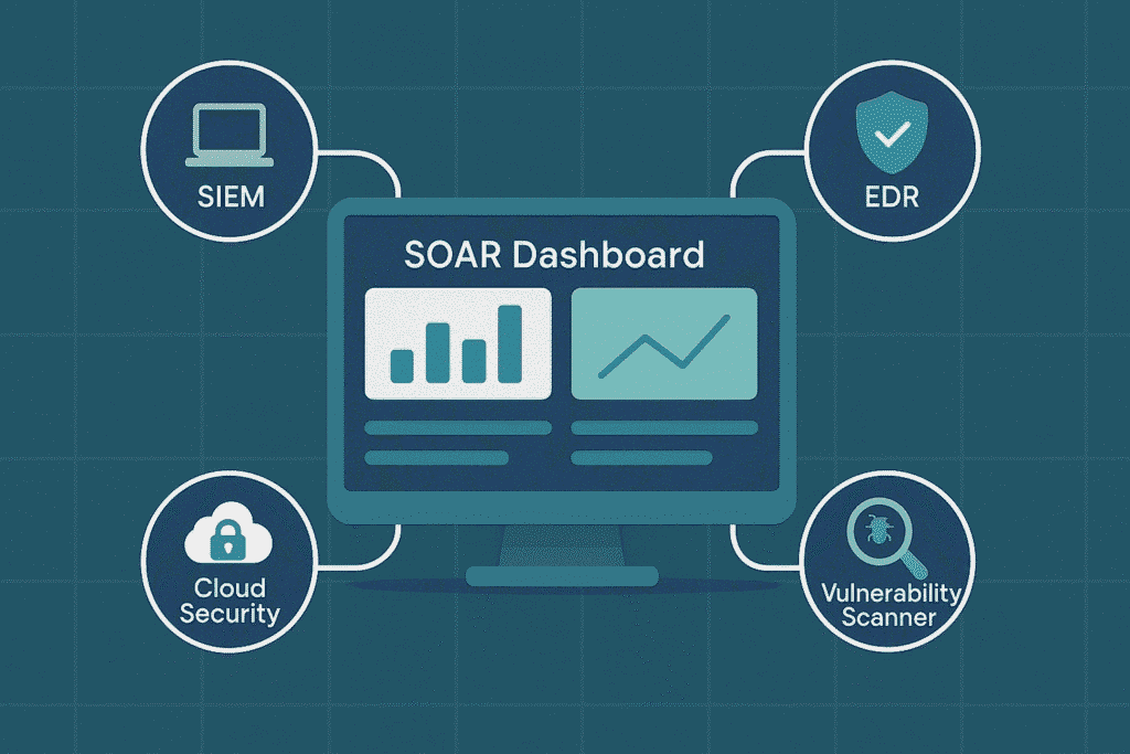Managed SOAR platform benefits that boost your SOC: dashboard connecting SIEM, EDR, cloud security, vulnerability scanner