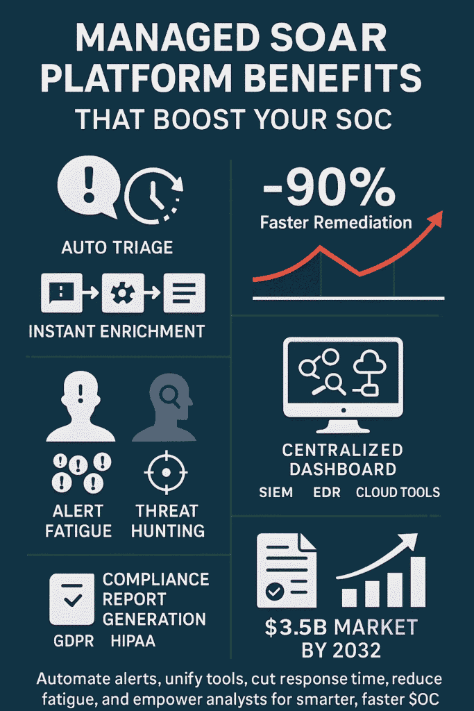 Managed SOAR platform benefits that boost your SOC: auto triage, faster remediation, threat hunting, compliance reporting