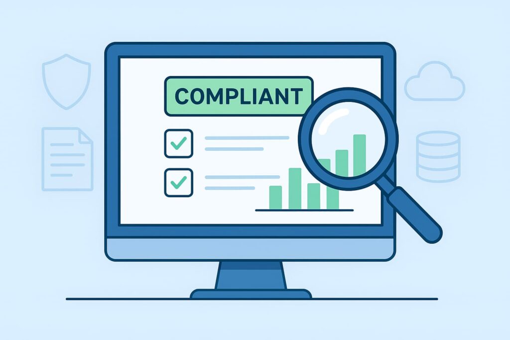 Computer screen displaying audit ready reports for MSSP, highlighting compliance with a magnifying glass.