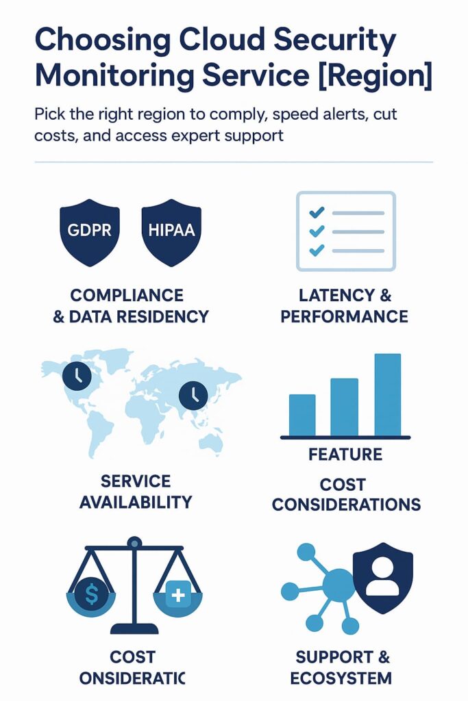 Infographic on choosing cloud security monitoring service [region] with key factors like compliance, performance, and support.
