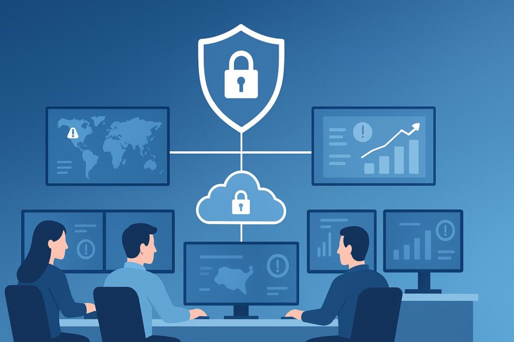 Team analyzing data and monitoring systems while choosing cloud security monitoring service [region].