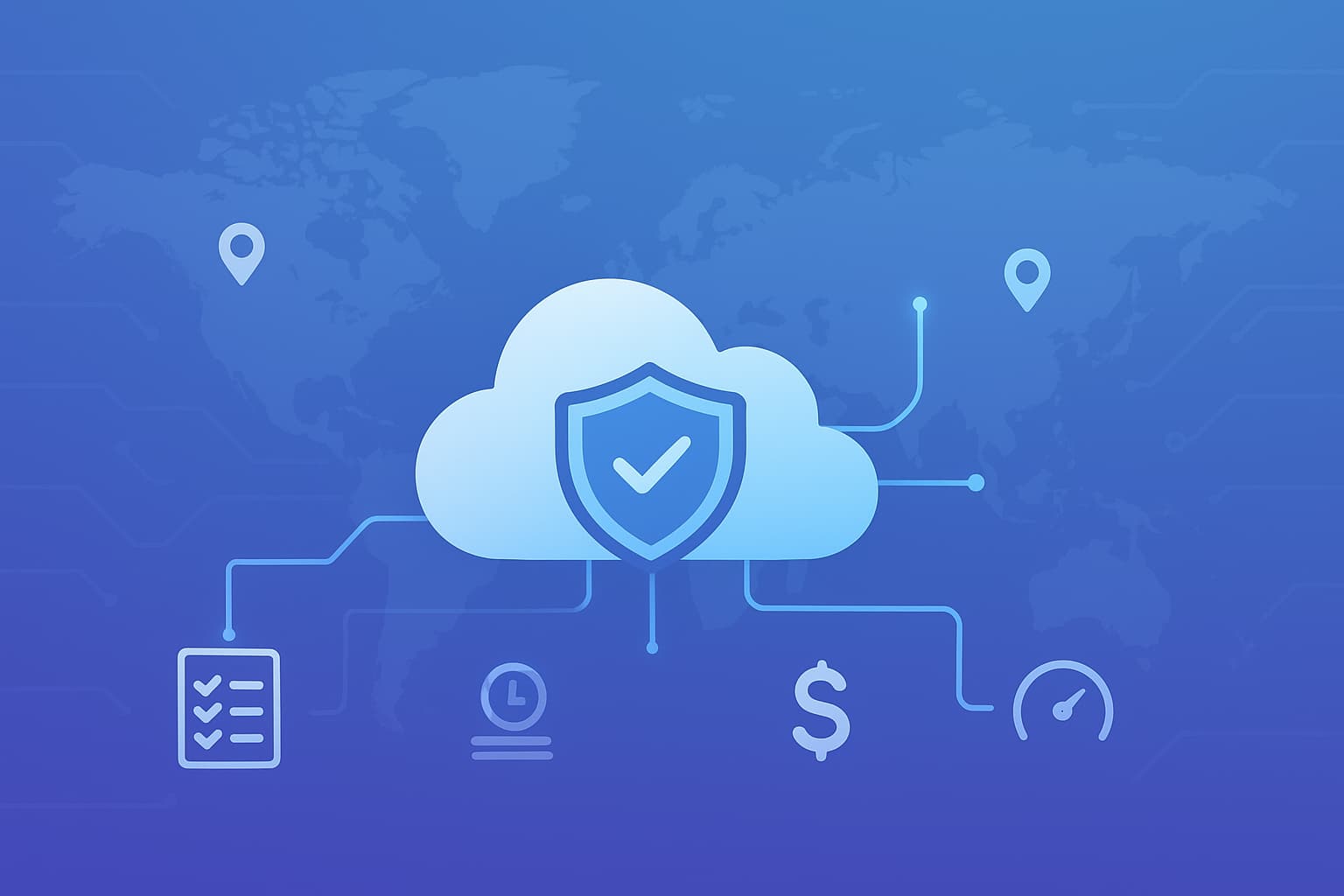 Illustration representing choosing cloud security monitoring service in [region], featuring a cloud with a shield and global connections.
