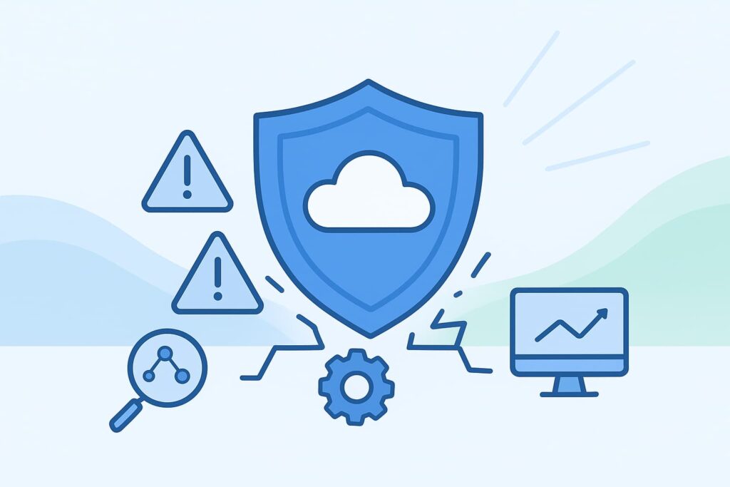 Illustration of cloud threat detection response, featuring a shield, alerts, and a monitor, symbolizing security measures.