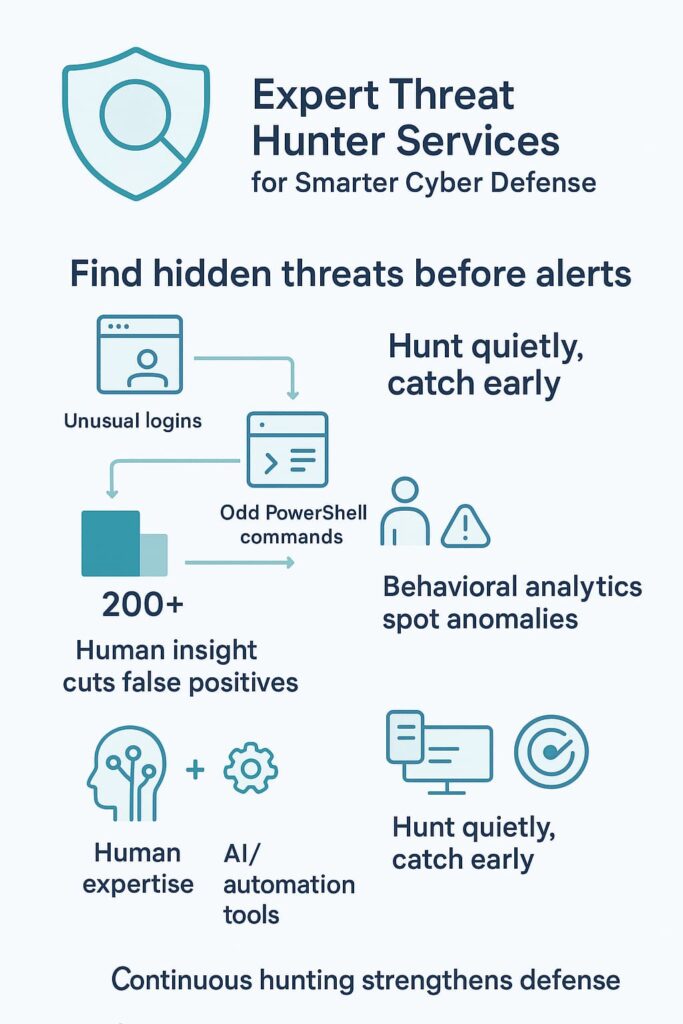 Infographic showcasing expert threat hunter services for detecting hidden threats before alerts, emphasizing human insight and AI tools.