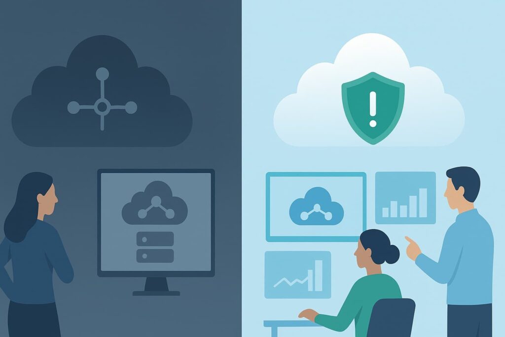  Securing cloud infrastructure visibility: Illustration depicting cloud computing security, data analytics, and collaboration for enhanced business intelligence.