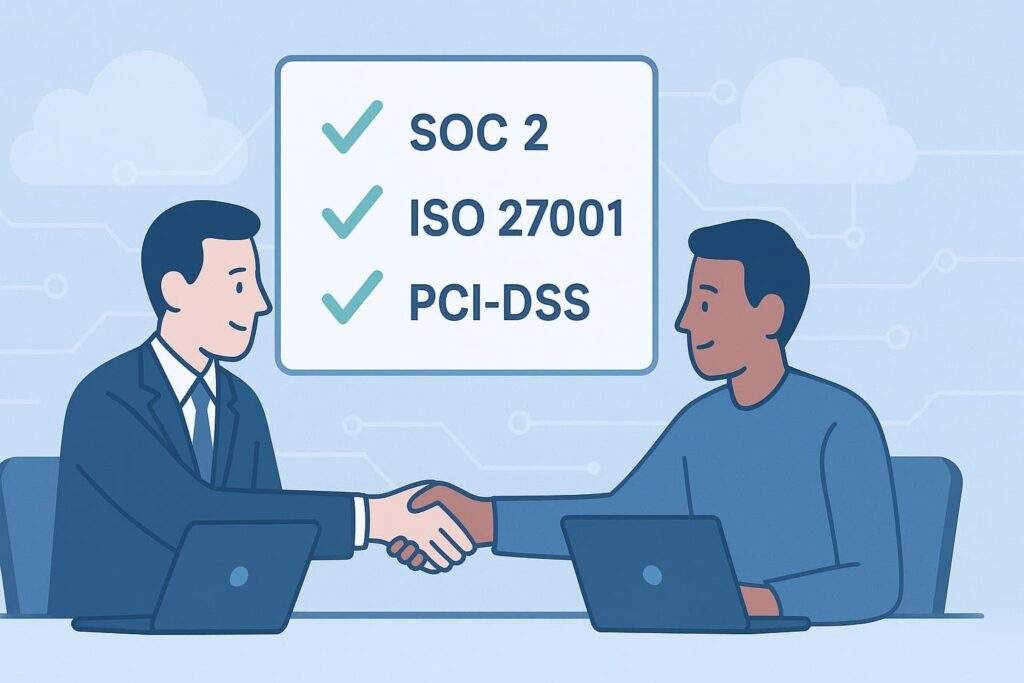 Two businessmen shaking hands in front of a compliance checklist, representing successful basic compliance reporting via MSSP.