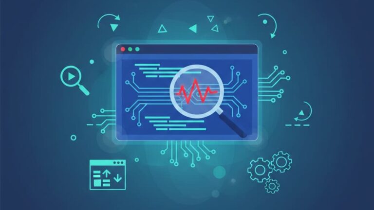 Illustration of malware analysis reverse engineering, featuring a magnifying glass over a computer screen with code and graphics.