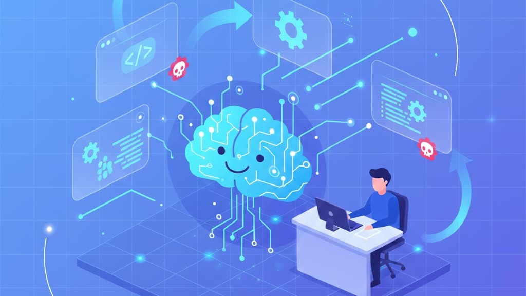 Illustration of a person analyzing data on a computer, representing malware analysis reverse engineering processes.