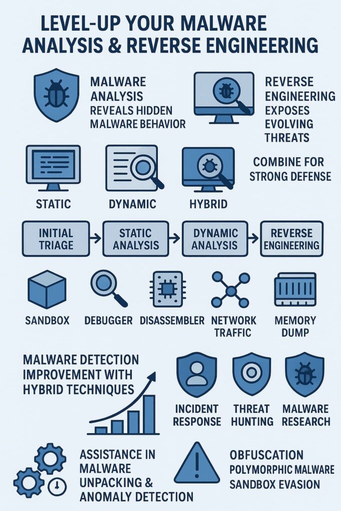  Infographic on malware analysis reverse engineering techniques, featuring tools and methods for detecting and analyzing malware.