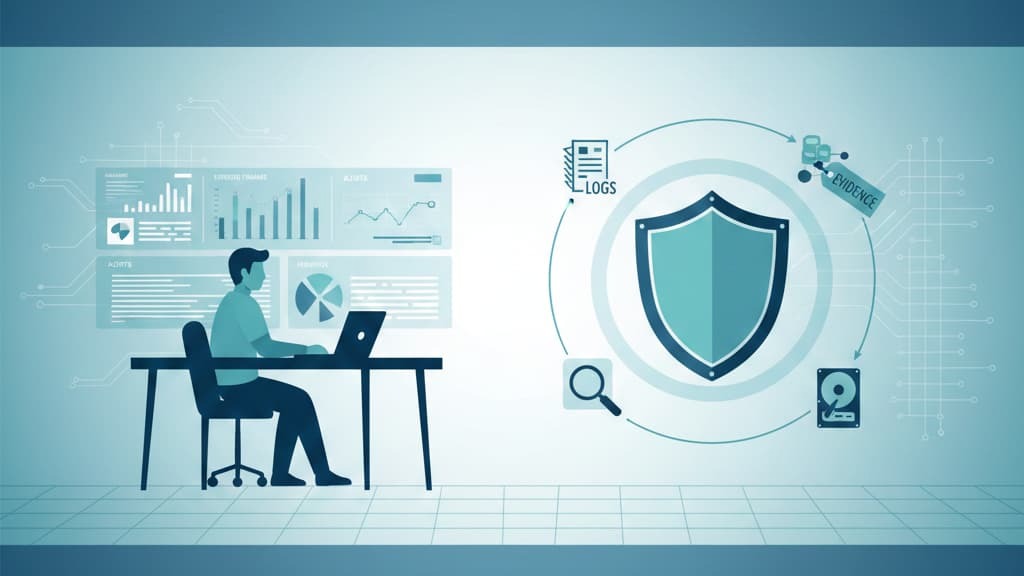 A person working on a laptop, illustrating forensic readiness planning with data, logs, and security concepts.