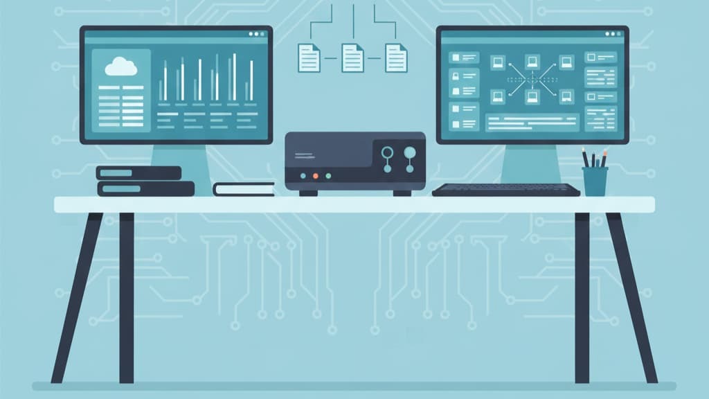 Workspace showcasing forensic readiness planning with dual monitors, storage, and a neat, organized setup