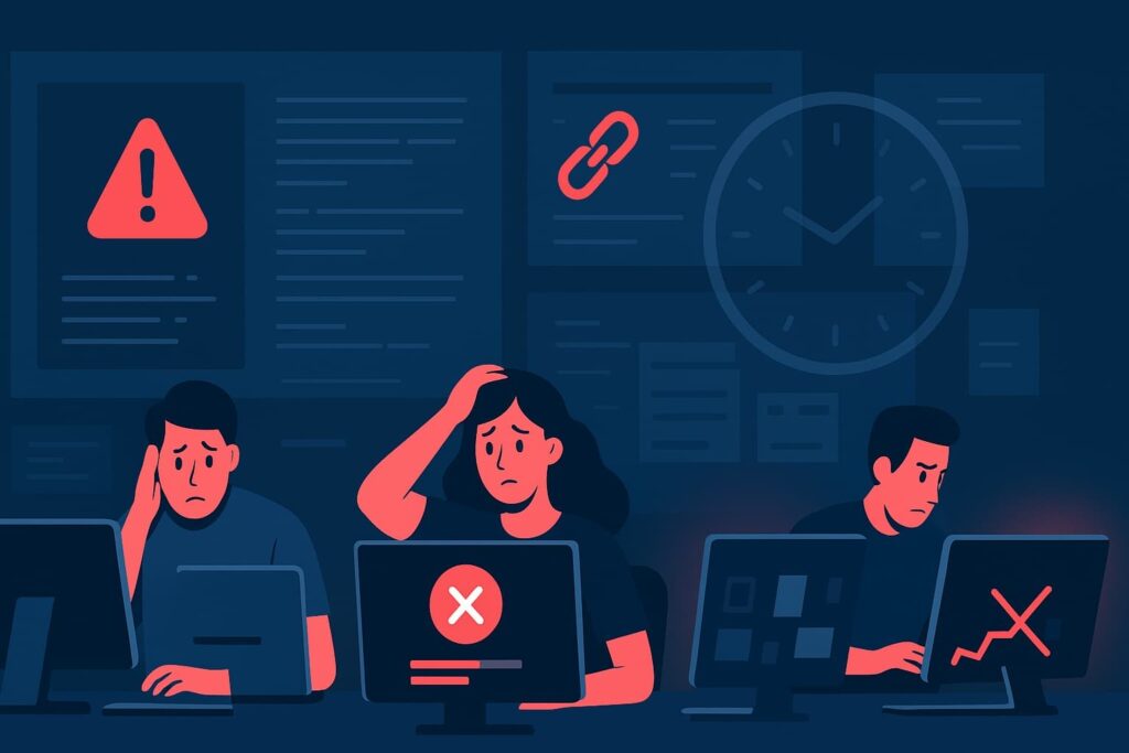 Illustration of stressed individuals working on computers, highlighting the importance of forensic readiness planning.