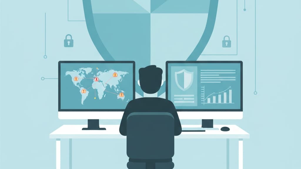 Person using two monitors to monitor cybersecurity, illustrating a managed DFIR retainer service.