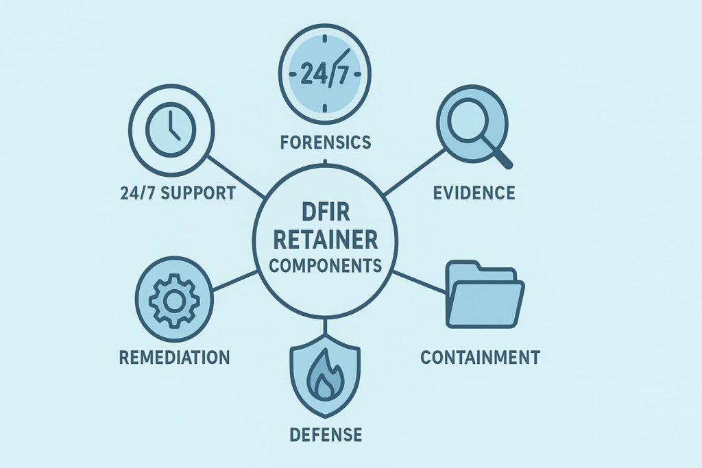 Illustration of a workspace featuring two monitors and a server, representing a managed DFIR retainer service.
