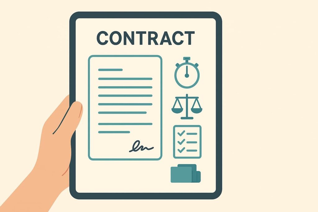 A hand holding a contract document related to a managed DFIR retainer service, featuring icons of time and balance.