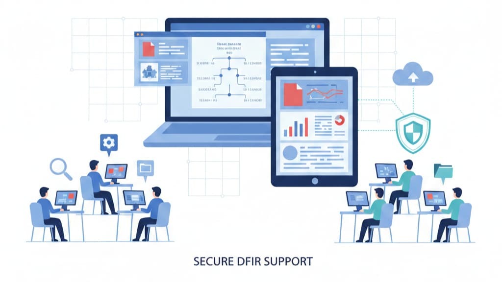 Illustration of a team conducting an outsourced digital forensics investigation with various devices and data analytics.