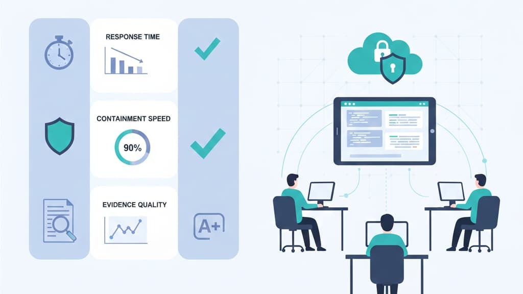 Illustration of an outsourced digital forensics investigation, showcasing response time, containment speed, and evidence quality metrics.