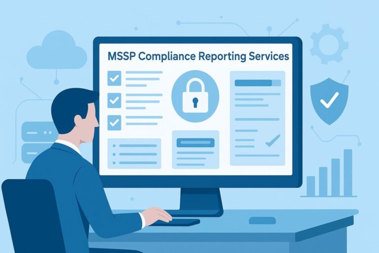 A professional reviewing MSSP compliance reporting services on a computer screen with security icons and checklists.