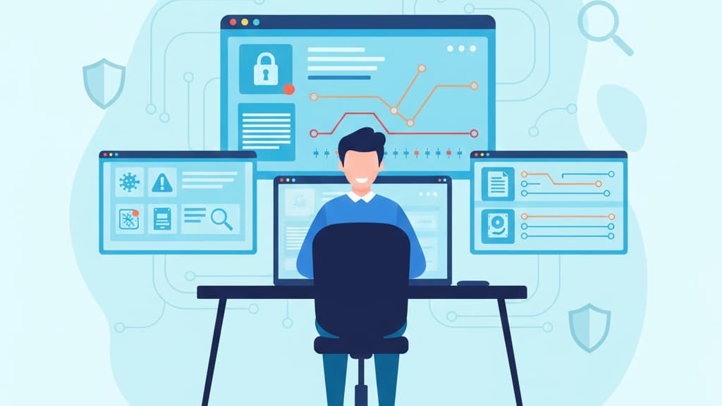 Illustration of a person at a computer desk engaging in incident response forensic analysis with multiple screens displaying data.
